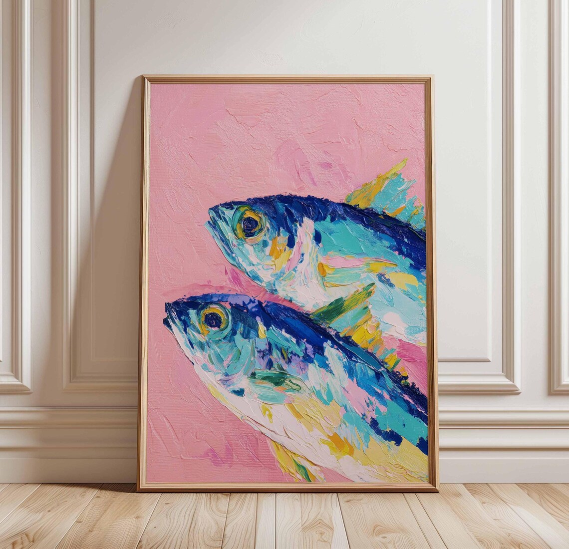 Colorful Abstract Fish Pair Oil Painting On Pink Background Poster
