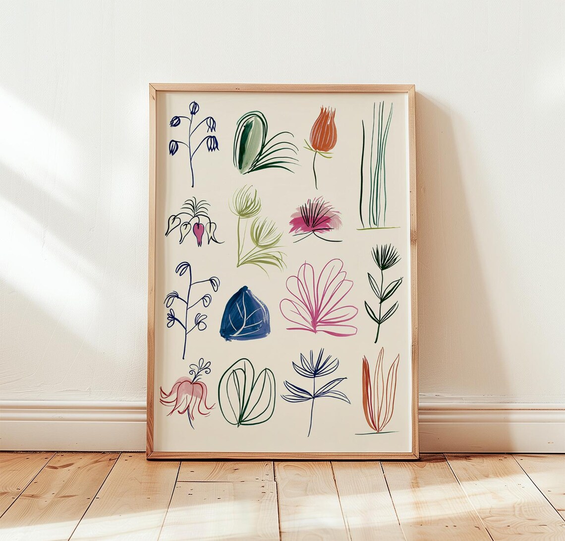 Botanical Study Poster, Colourful Line Art