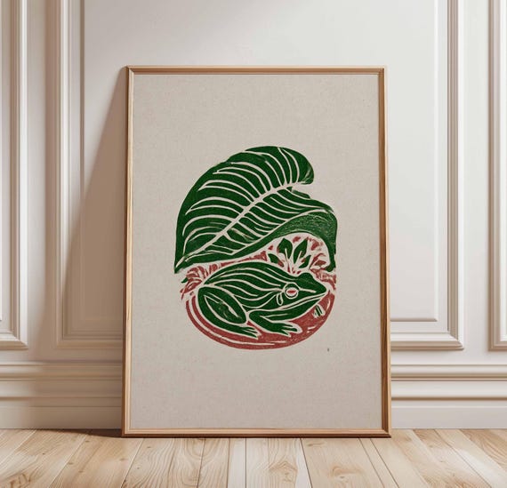 Frog And Leaf Linocut Print Botanical Animal Art Poster Earthy Minimalist Wall Decor Handcarved Style Illustration