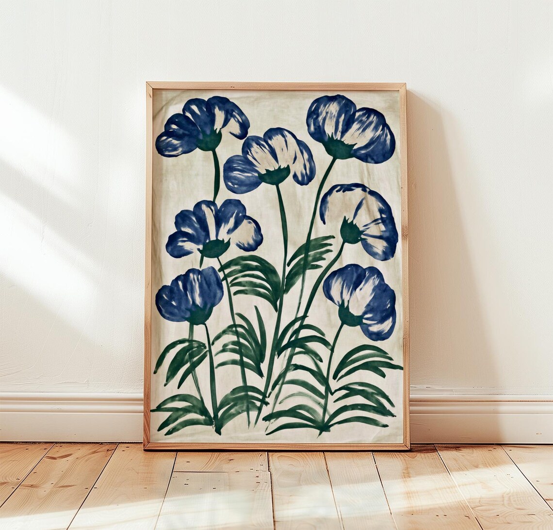 Blue Botanical Flower Poster, Scandinavian Art Print