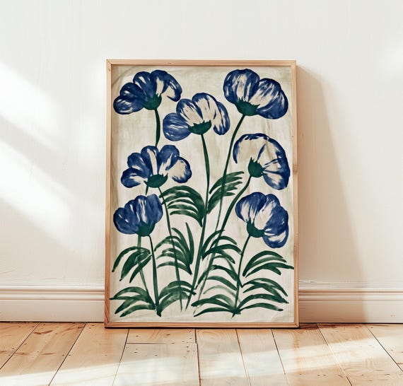 Blue Botanical Flower Poster, Scandinavian Art Print