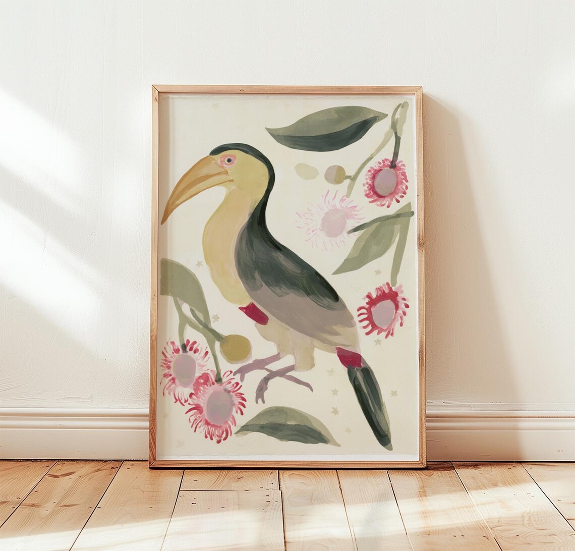 Pink Toucan Art Print, Tropical Botanical Folk