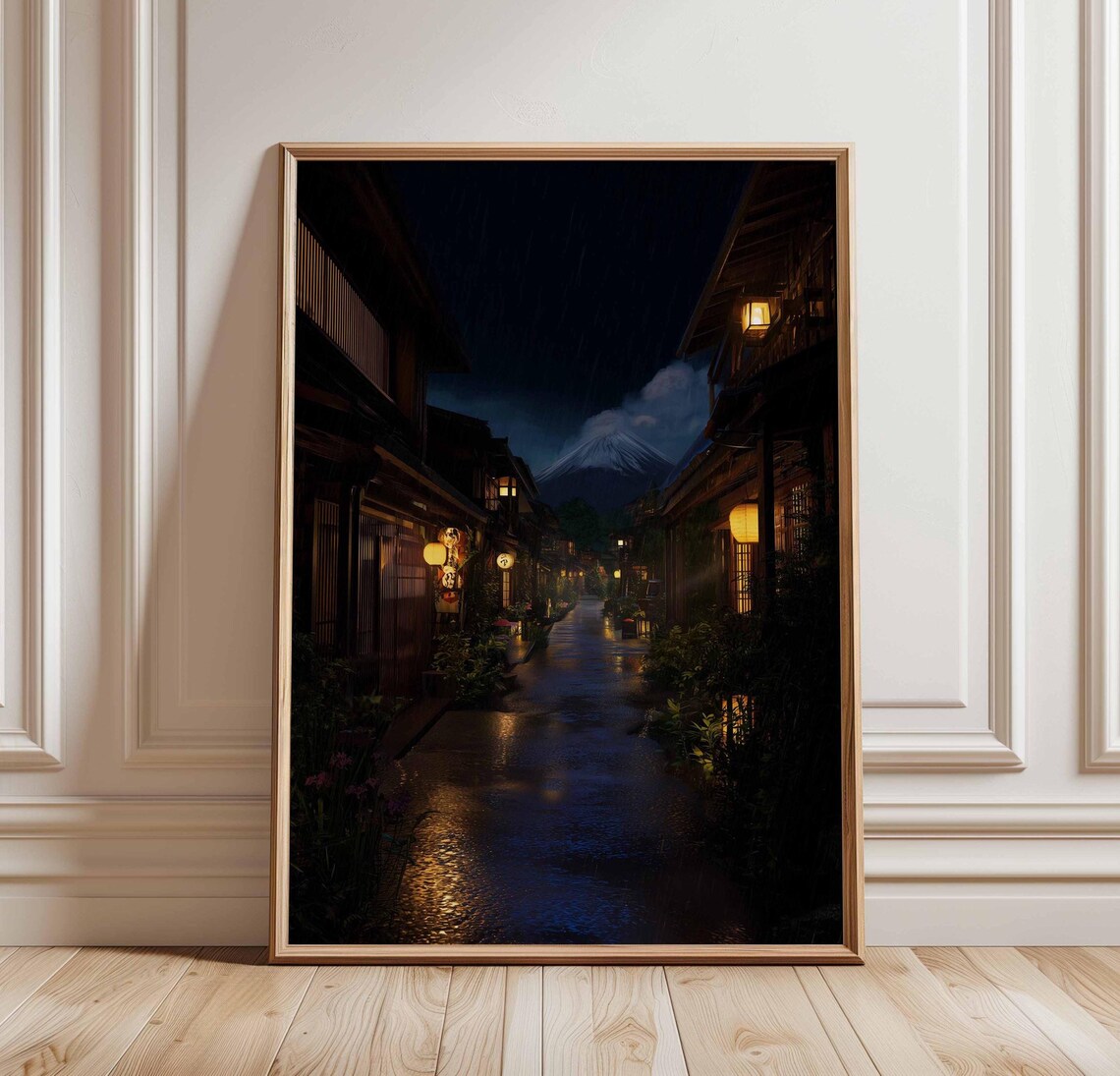 Japanese Lantern Street At Night Mount Fuji Rain Scene Poster