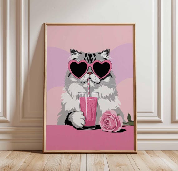 Cool Cat Poster Pink Heart Glasses Kitty Print Funny Wall Art Kawaii Animal Decor Cute Smoothie Illustration Unframed