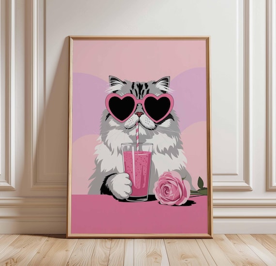 Fluffy Cat With Pink Heart Sunglasses Smoothie Pop Art Poster Cute