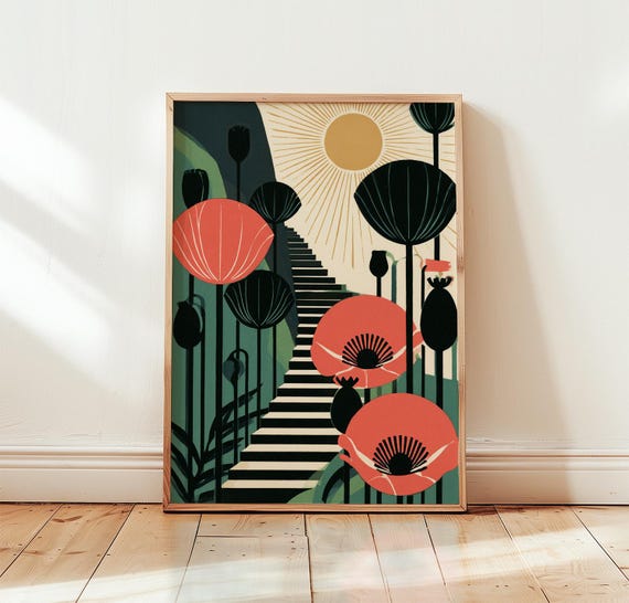 Art Deco Floral Poster Coral Botanical Wall Paper Print