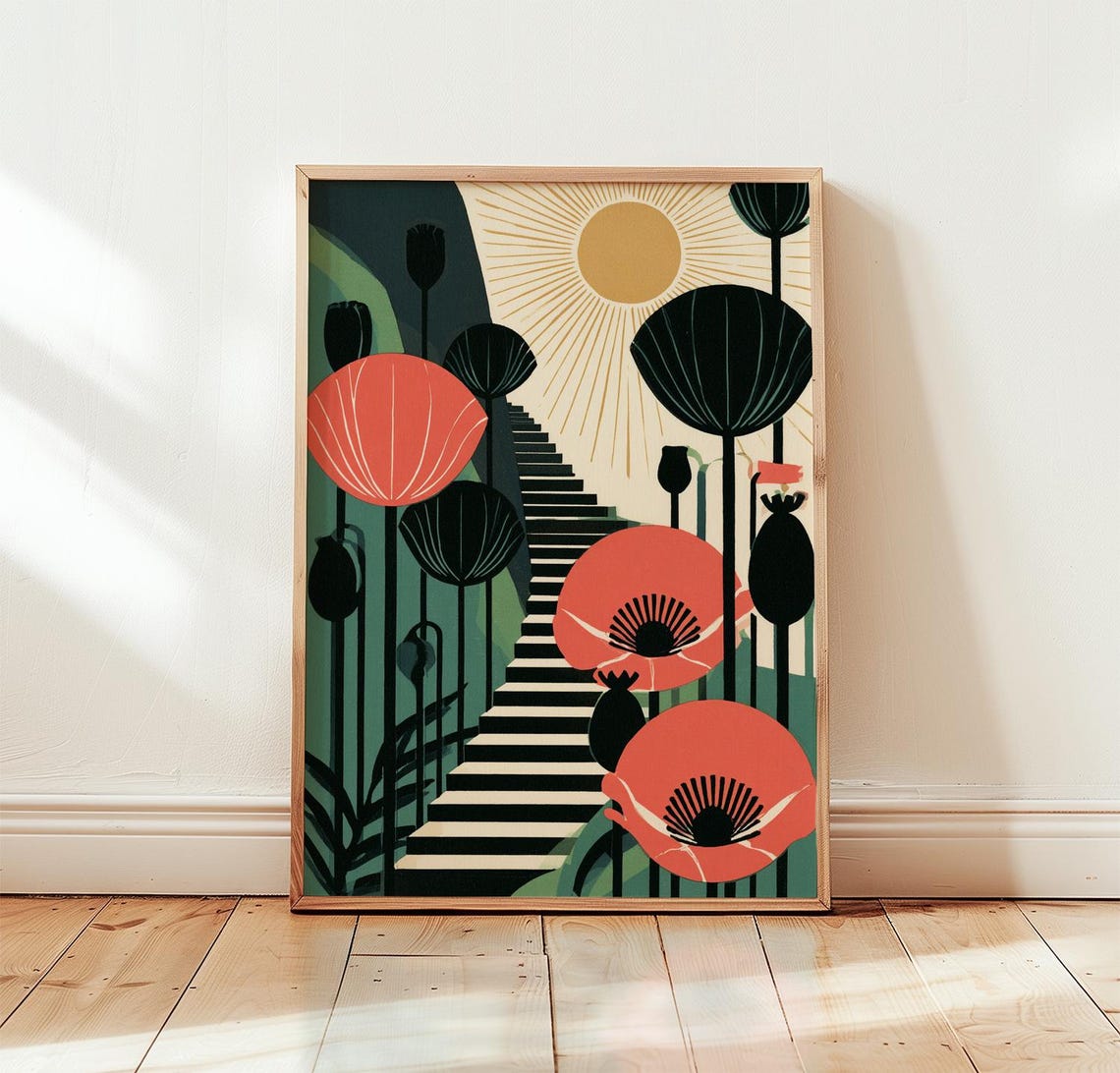 Art Deco Floral Poster Coral Botanical Wall Paper Print