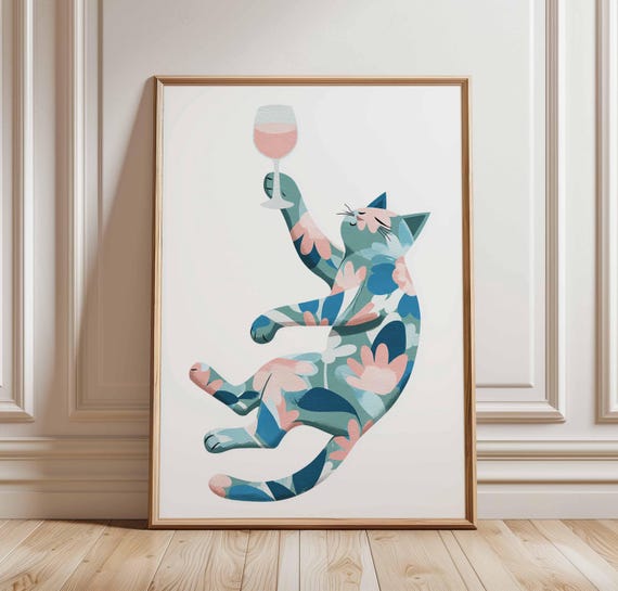 Floral Cat With Wine Wall Art Print Whimsical Lover Poster Modern Colorful Animal Decor Playful Glass Kitty Illustration