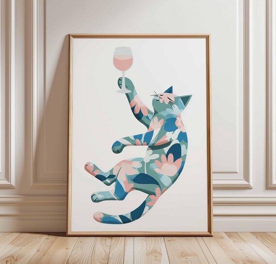 Whimsical Floral Cat Toasting Rose Wine Glass Cat Art Poster