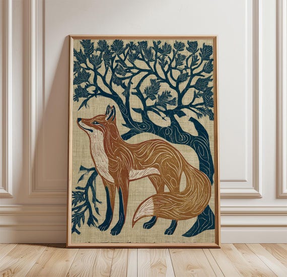 Fox Woodland Poster Forest Animal Print Folk Wall Art Paper