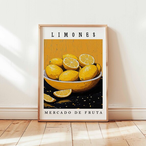 Limones Lemon Fruit Poster Spanish Market Citrus Wall Art Bold Orange Stripe Kitchen Decor Unframed Botanical Still Life Print