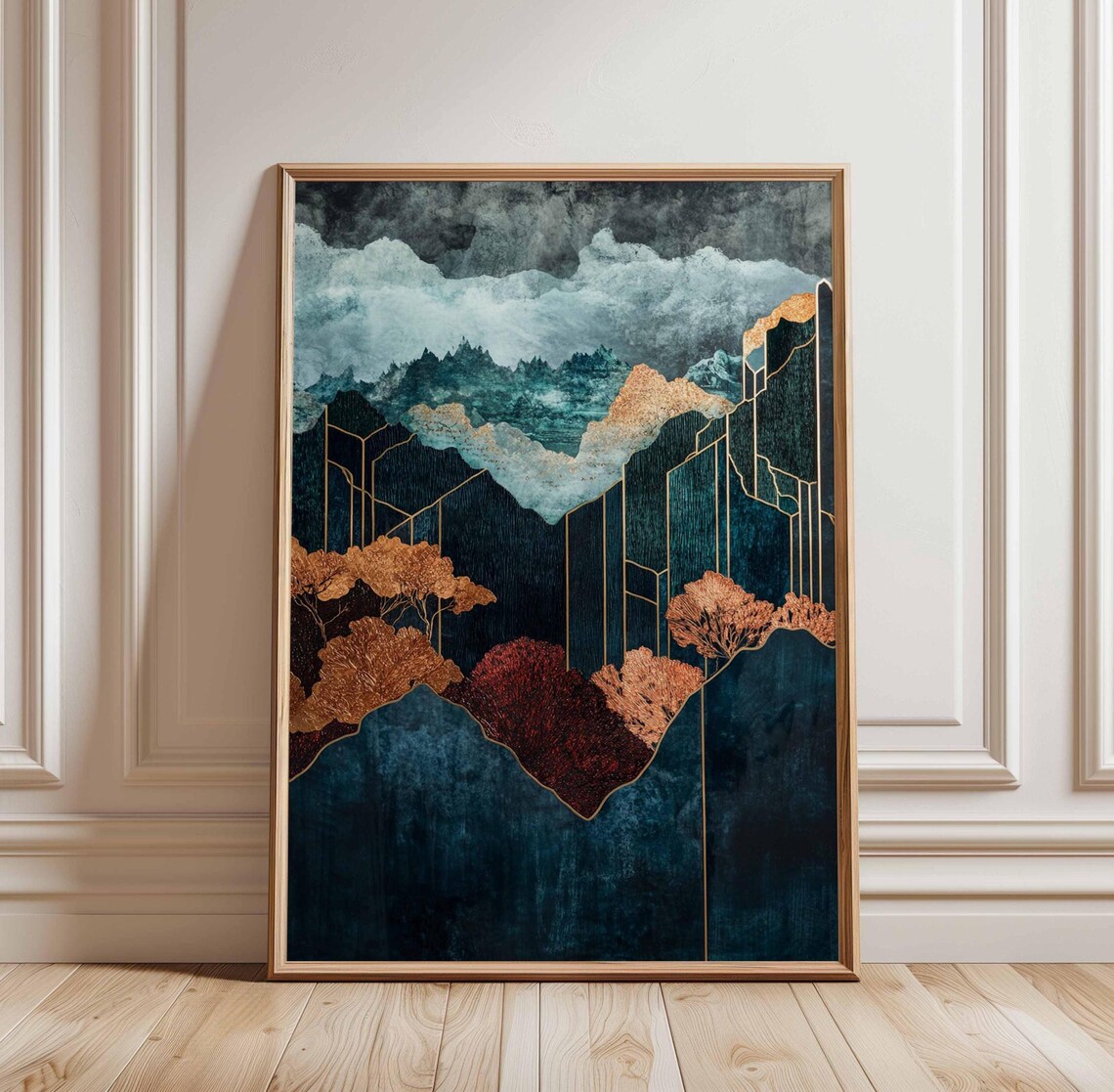 Geometric Gold Line Teal Mountain Peaks Landscape Modern Wall Art
