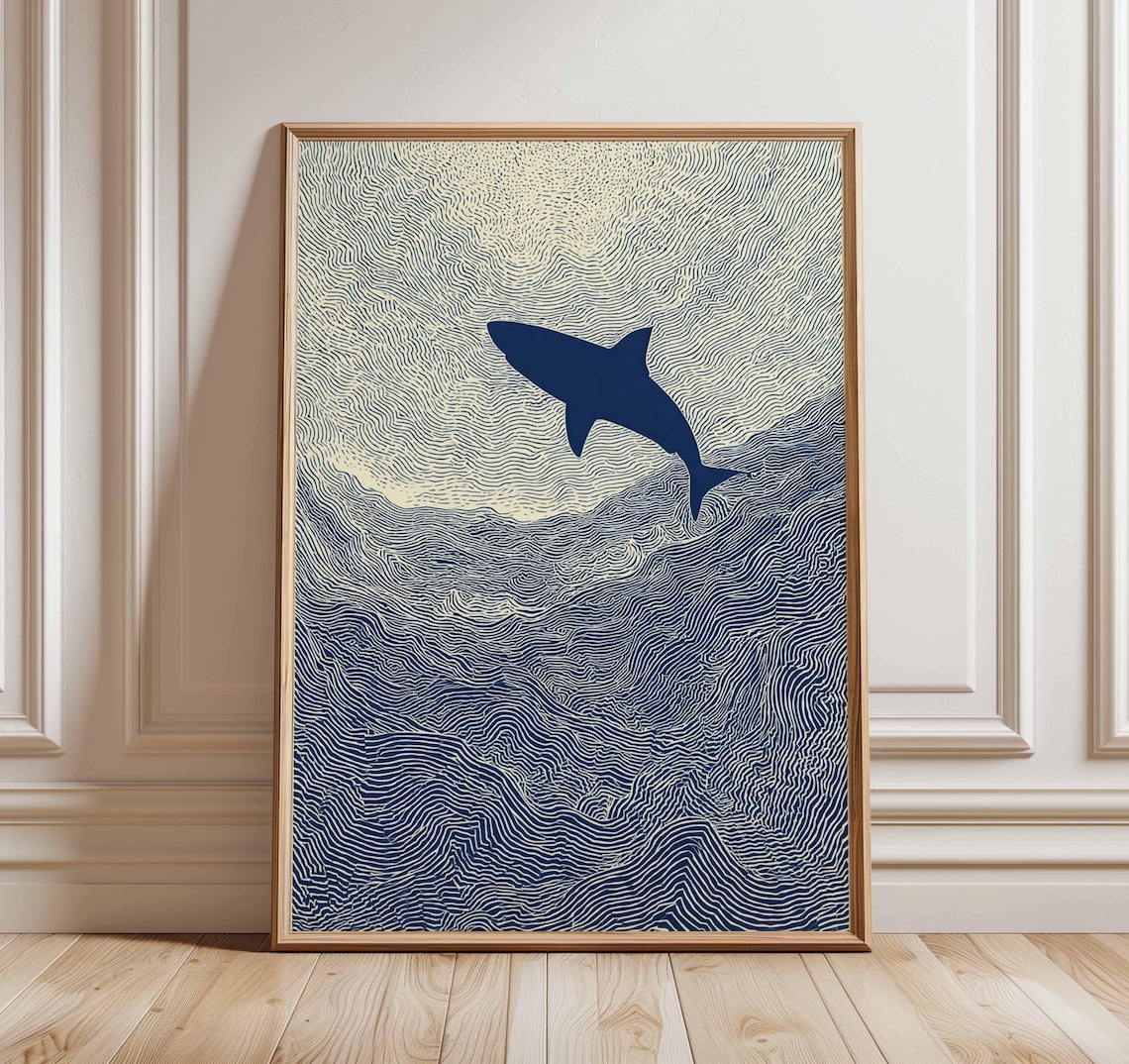 Abstract Linocut Shark Art Print, Coastal Minimalist