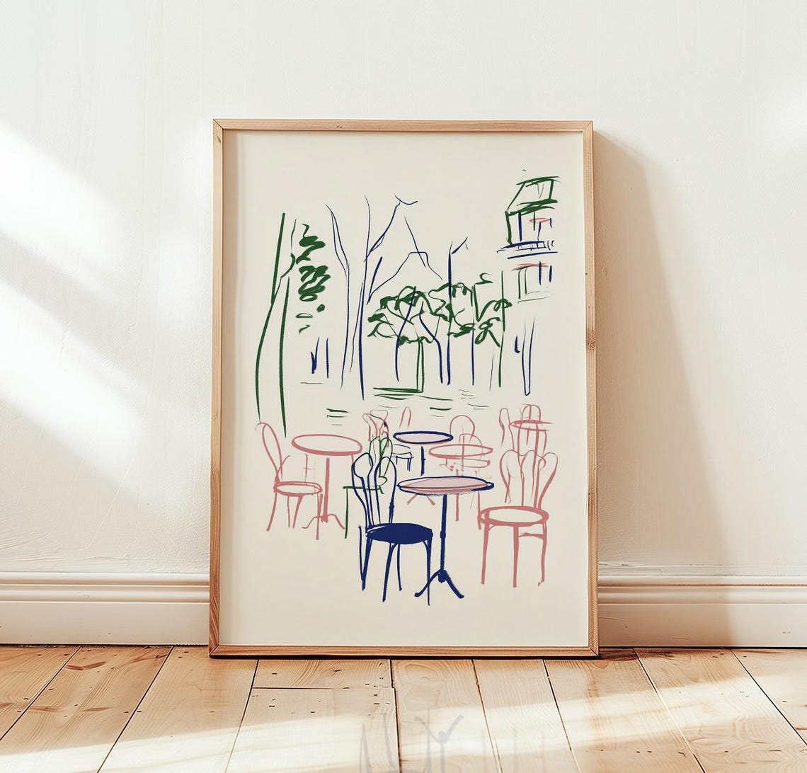 Paris Cafe Terrace Sketch Poster Colorful Bistro Line Drawing Decor