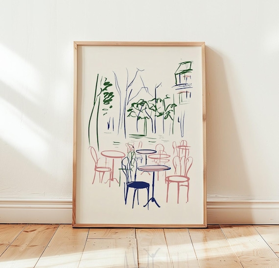 Paris Cafe Terrace Sketch Poster Colorful Bistro Line Drawing Decor