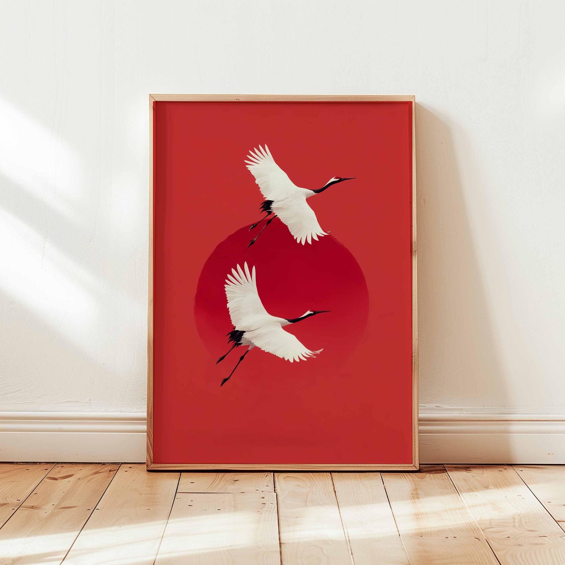 Two Flying Cranes Bold Red Sun Minimalist Japanese Bird Art Poster