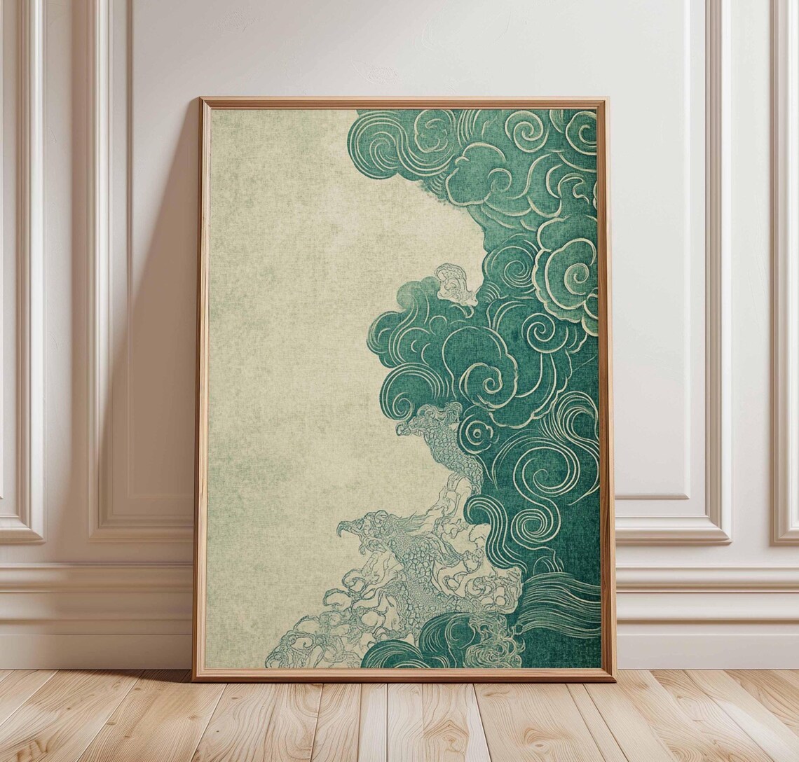 Japanese Green Wave Minimalist Ocean Woodblock Style Art Poster