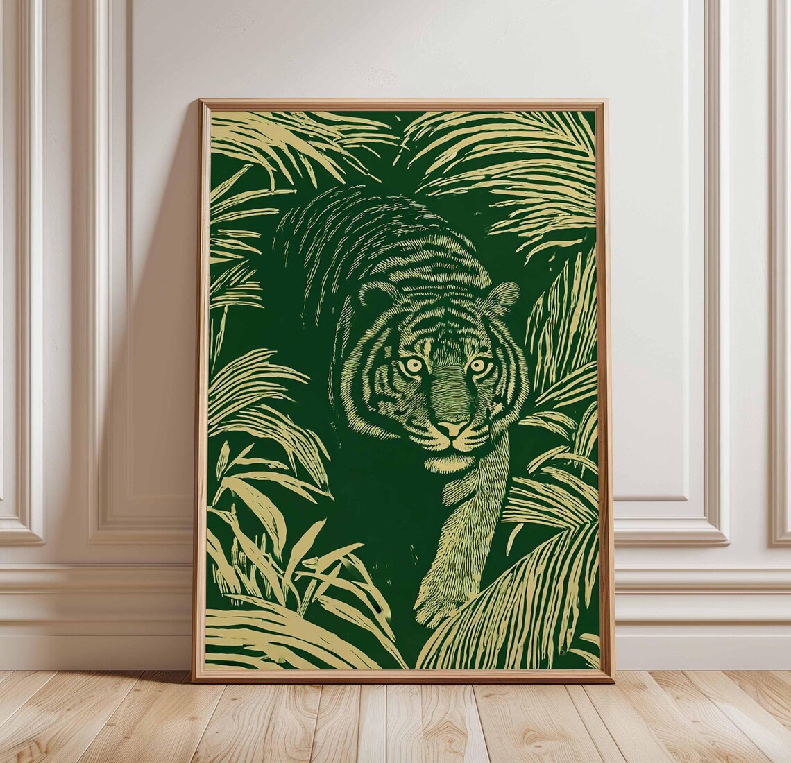 Stalking Green Tiger Jungle Linocut Vintage Safari Wildlife Poster