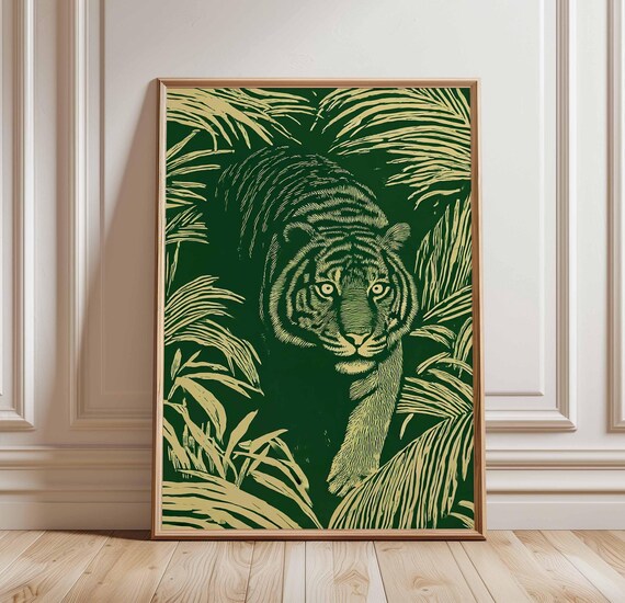 Green Jungle Tiger Print Bold Wall Art Vintage Safari Animal Poster Tropical Illustration Nature Decor For Home