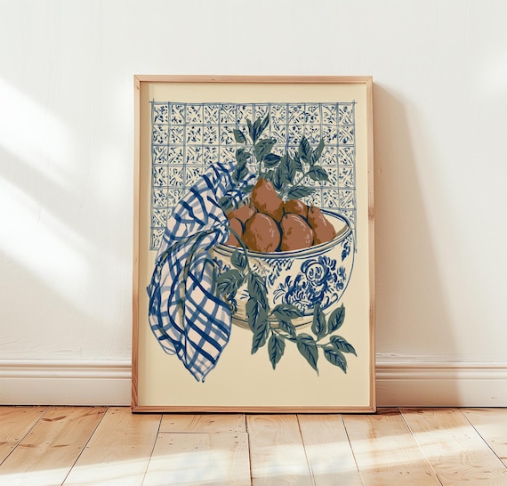 Pear Kitchen Poster, Blue Folk Art Vintage Fruit