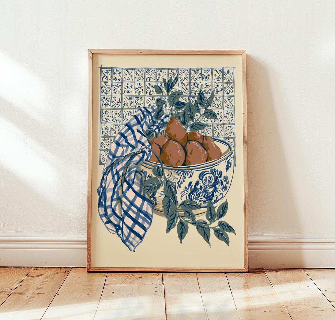 Pear Kitchen Poster, Blue Folk Art Vintage Fruit