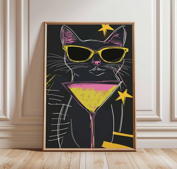 Cool Black Cat With Sunglasses and Cocktail Retro Neon Poster