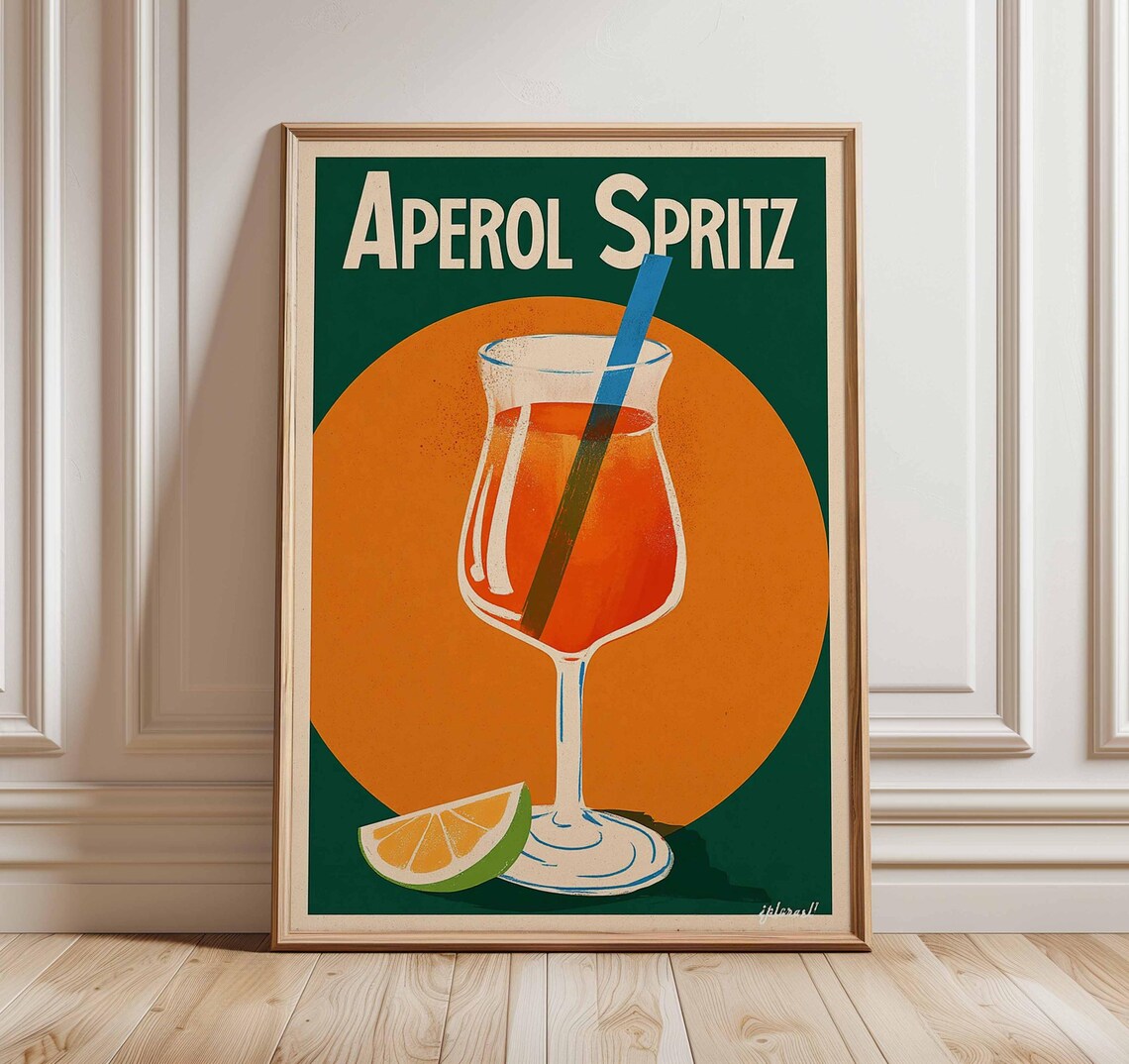 Aperol Spritz Vintage Cocktail Illustration Retro Bar Wall Poster