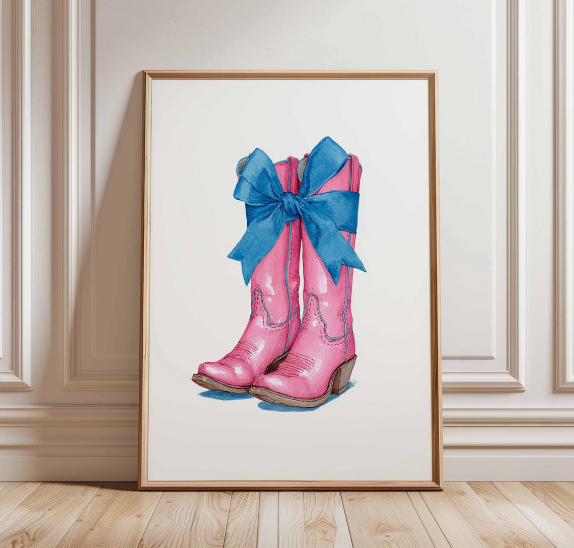 Pink Cowboy Boots Wall Art Watercolor Western Print With Blue Bow Country Girl Nursery Poster Rodeo Cowgirl Decor