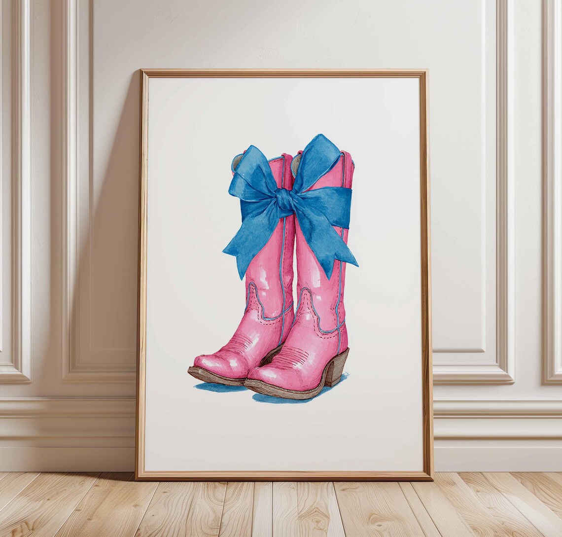 Pink Cowboy Boots With Blue Bow Watercolor Western Cowgirl Wall Art