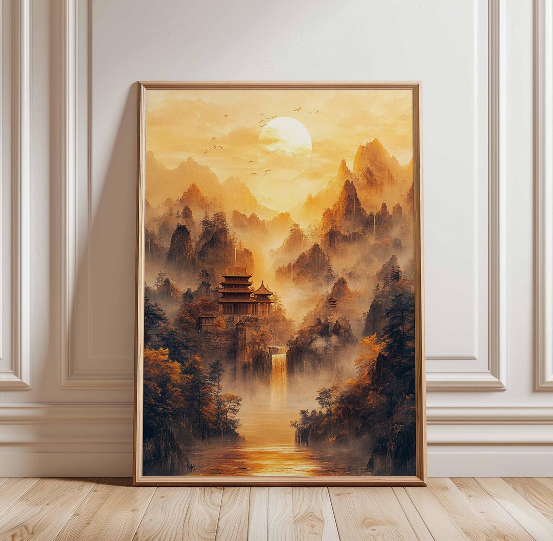 Golden Sunset Chinese Mountain Temple Waterfall Landscape Poster