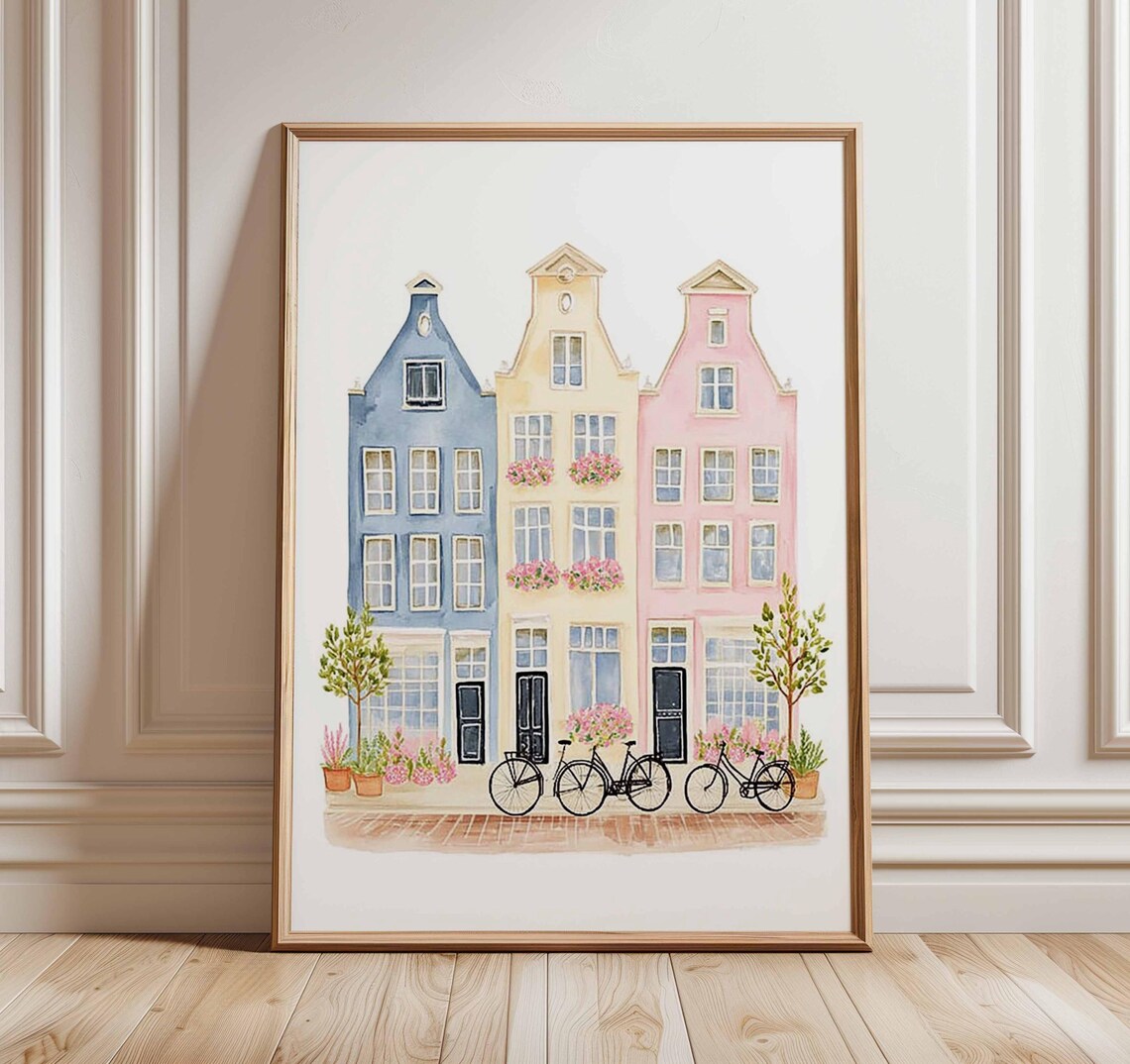 European City Houses Watercolor Illustration Art Print