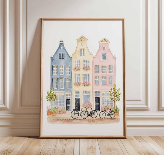 European City Houses Watercolor Illustration Art Print