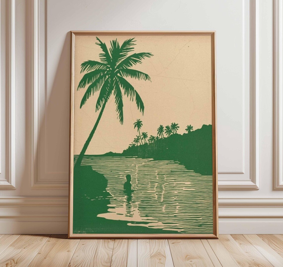 Vintage Tropical Palm Tree Retro Green Beach Woodcut Art Poster