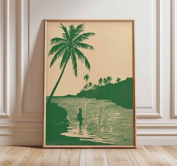 Vintage Tropical Palm Tree Retro Green Beach Woodcut Art Poster
