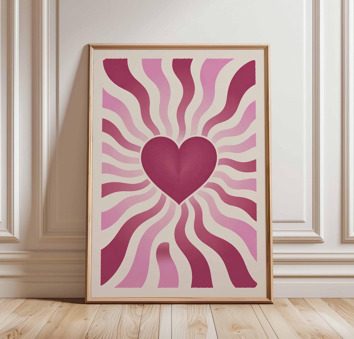 Bold Groovy Pink Heart Wavy Sunburst Rays Retro 70s Love Poster