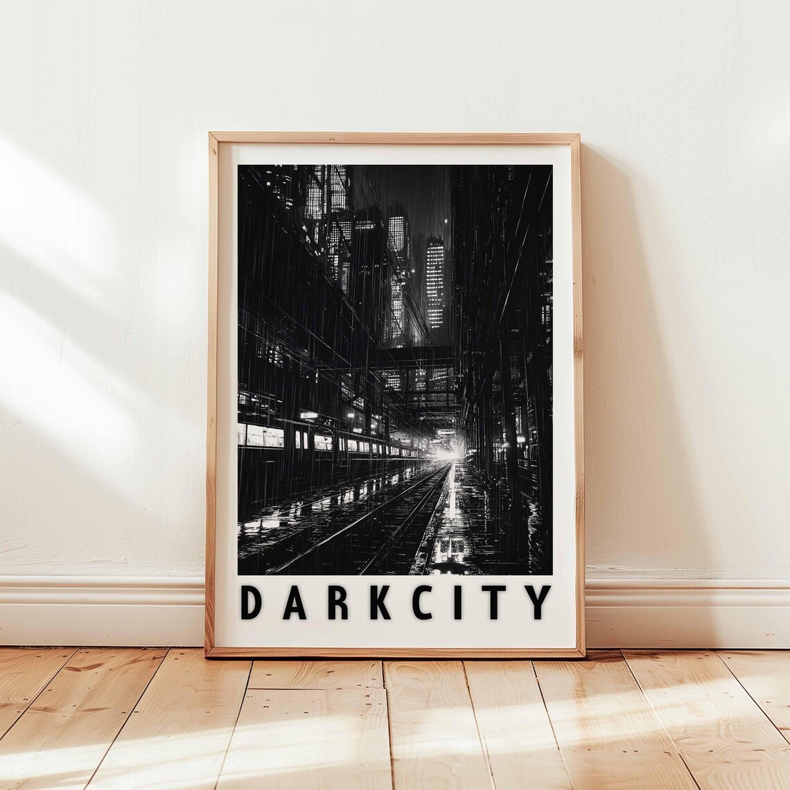 Dark City Rainy Train Station Night Scene Black White Poster