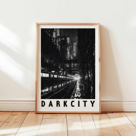 Dark City Train Station Poster Noir Rainy Night Urban Wall Art Black And White Photography Print Moody Industrial Decor Unframed