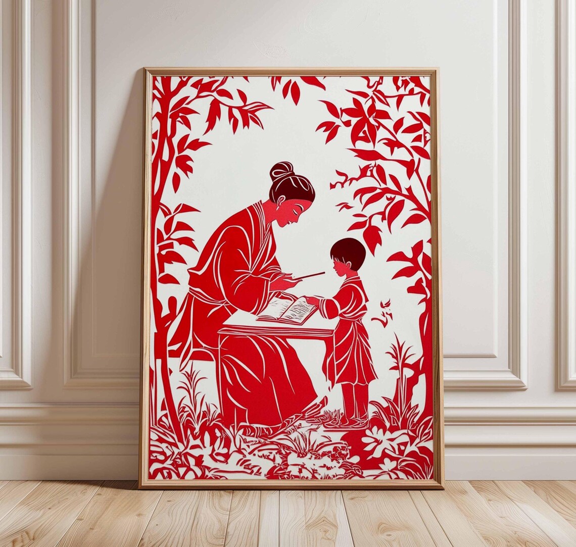 Mother And Child Reading Silhouette Red Papercut Asian Family Poster