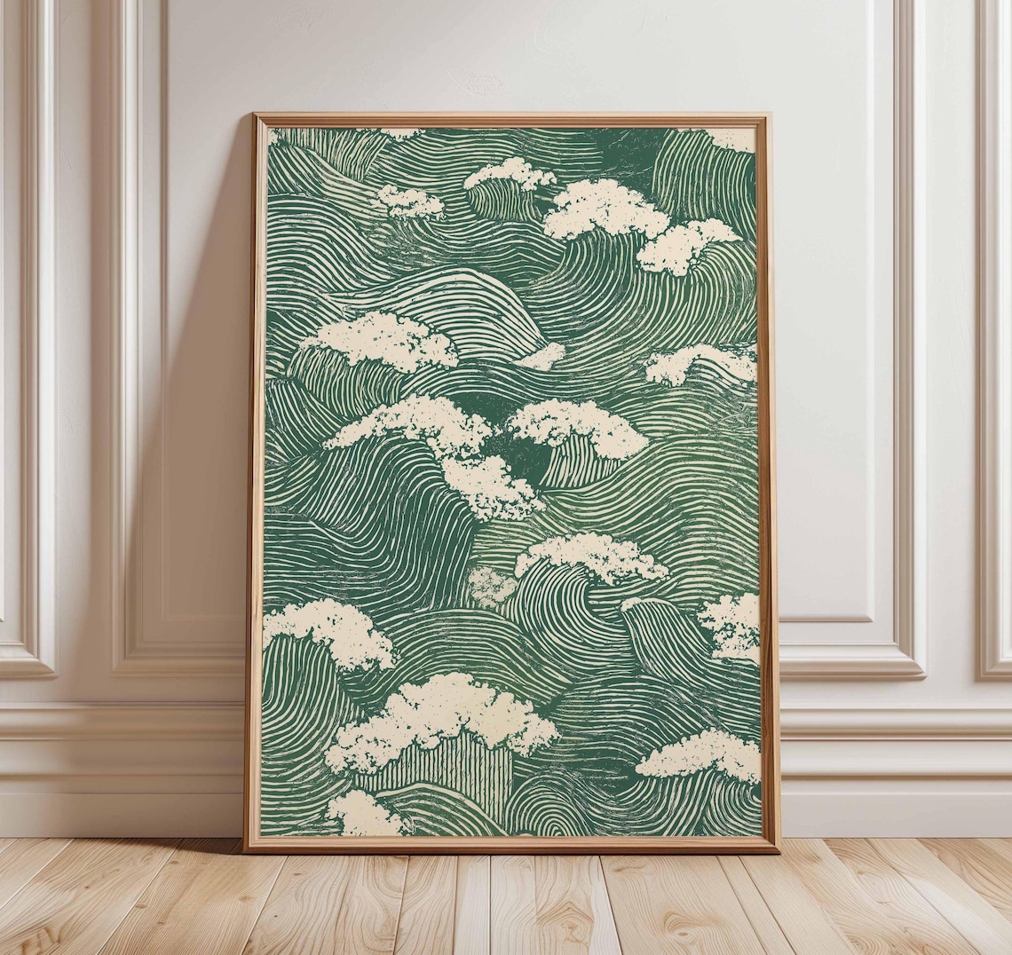 Japanese Wave Pattern Poster, Zen Sea Decor