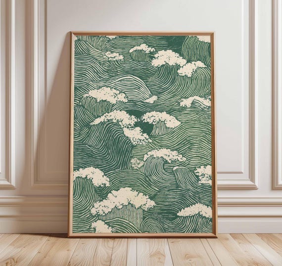 Japanese Wave Pattern Poster, Zen Sea Decor
