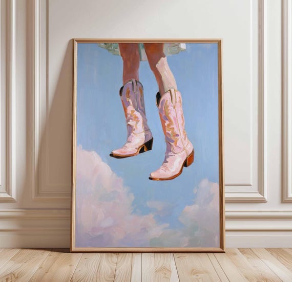 Cowgirl Boots Wall Art Print Pink Western Poster Surreal Dreamy Sky Artwork Country Girl Decor Rodeo Farmhouse Style