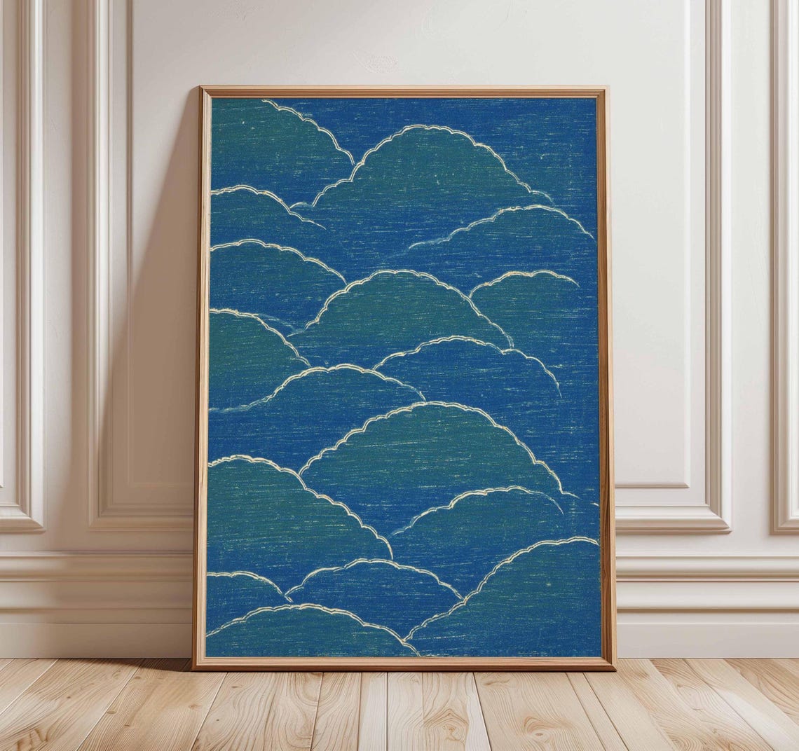 Indigo Blue Japanese Cloud Pattern Minimalist Wave Art Poster