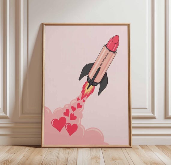 Girl Power Rocket Wall Art Poster Lipstick Print Cute Pink Feminine Pop Unframed Fun Decor For Bedroom Or Vanity Space