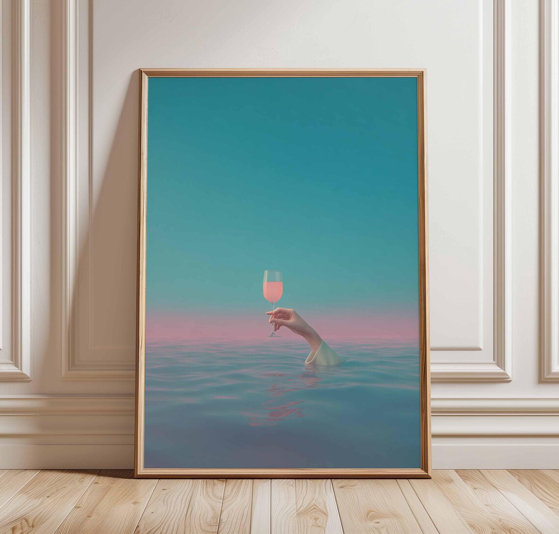Surreal Hand Holding Wine Glass Rising from Ocean Dreamy Wall Art