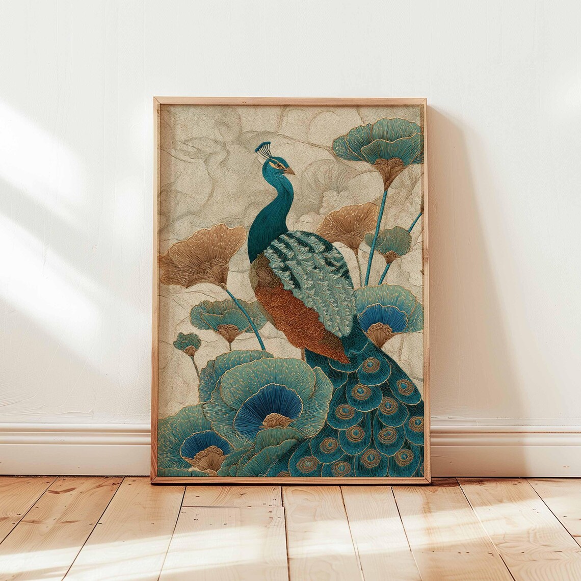 Teal Gold Peacock Botanical Floral Chinoiserie Elegant Poster