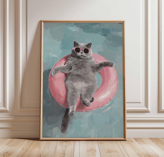 Chubby Grey Cat in Pink Sunglasses Floating in Pool Ring Animal Poster