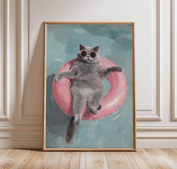 Funny Cat Poster Floating Art Print Summer Pool Wall Grey With Sunglasses Playful Animal Decor For Kids Room
