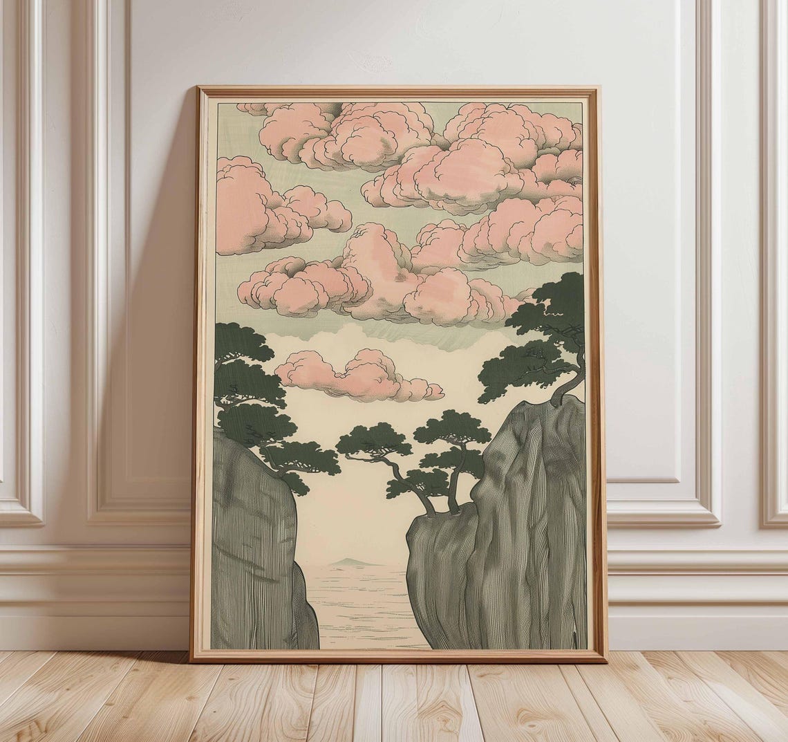 Japanese Ukiyoe Pine Trees Rocky Cliffs Pink Clouds Landscape Poster