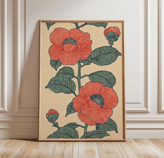 Camellia Flower Poster Botanical Wall Art Print Vintage Floral Illustration Japanese Style Nature Decor