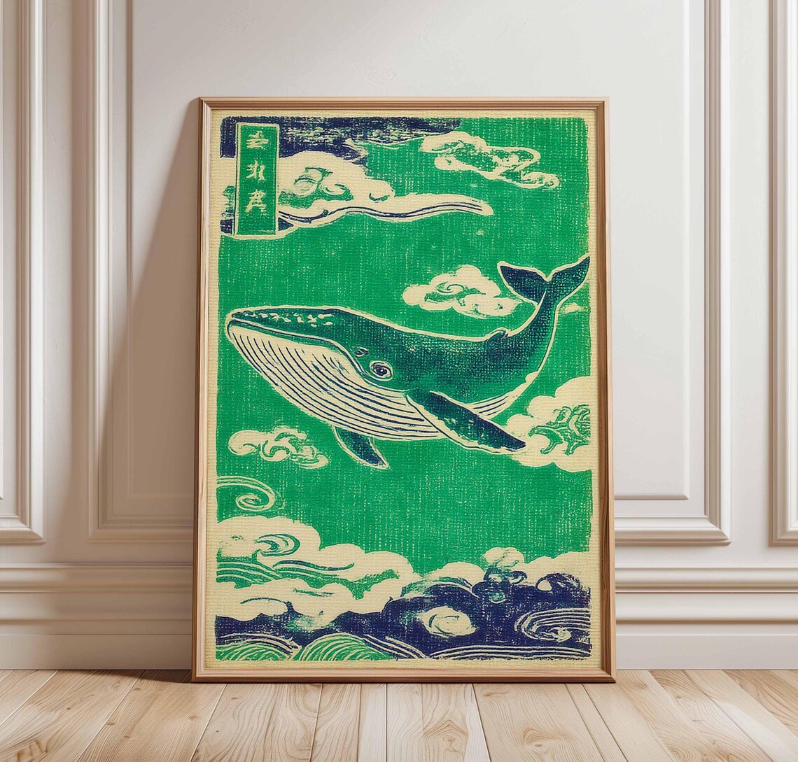 Green Whale Ukiyoe Style Japanese Woodblock Vintage Ocean Poster